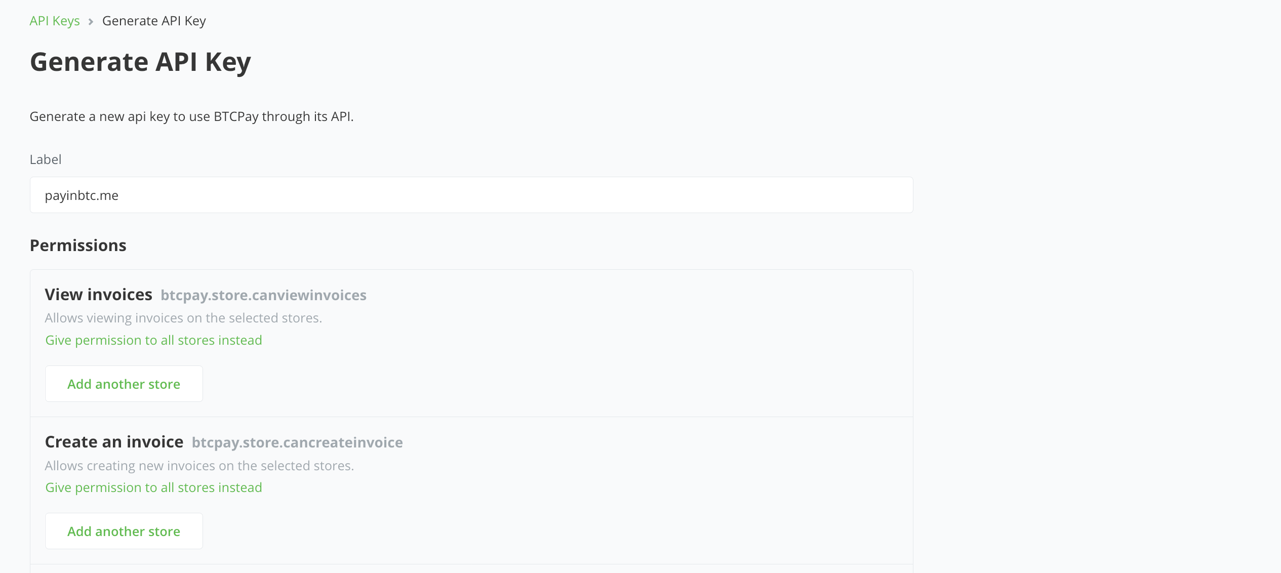 BTCPay Server API Key creation